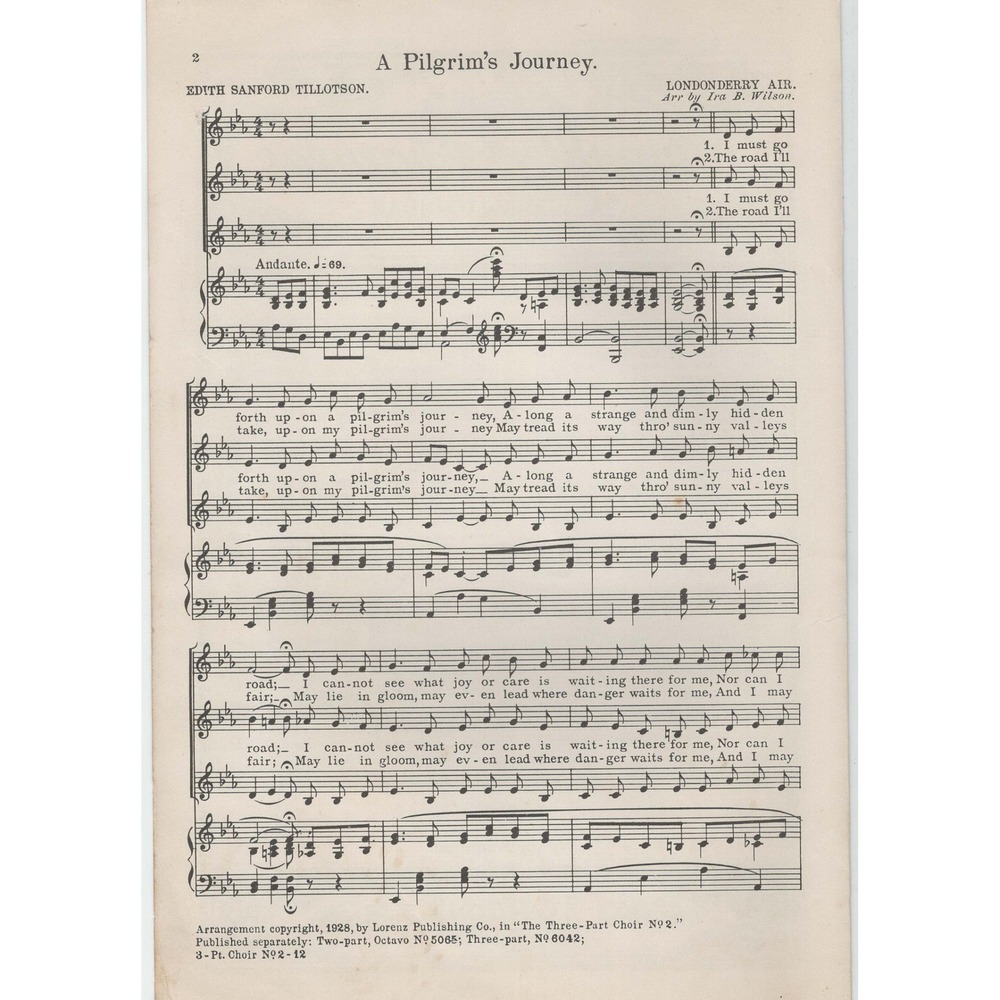 Vintage 1928 A Pilgrim's Journey Sheet Music Londonderry Air Ira B Wilson SSA - Picture 2 of 2